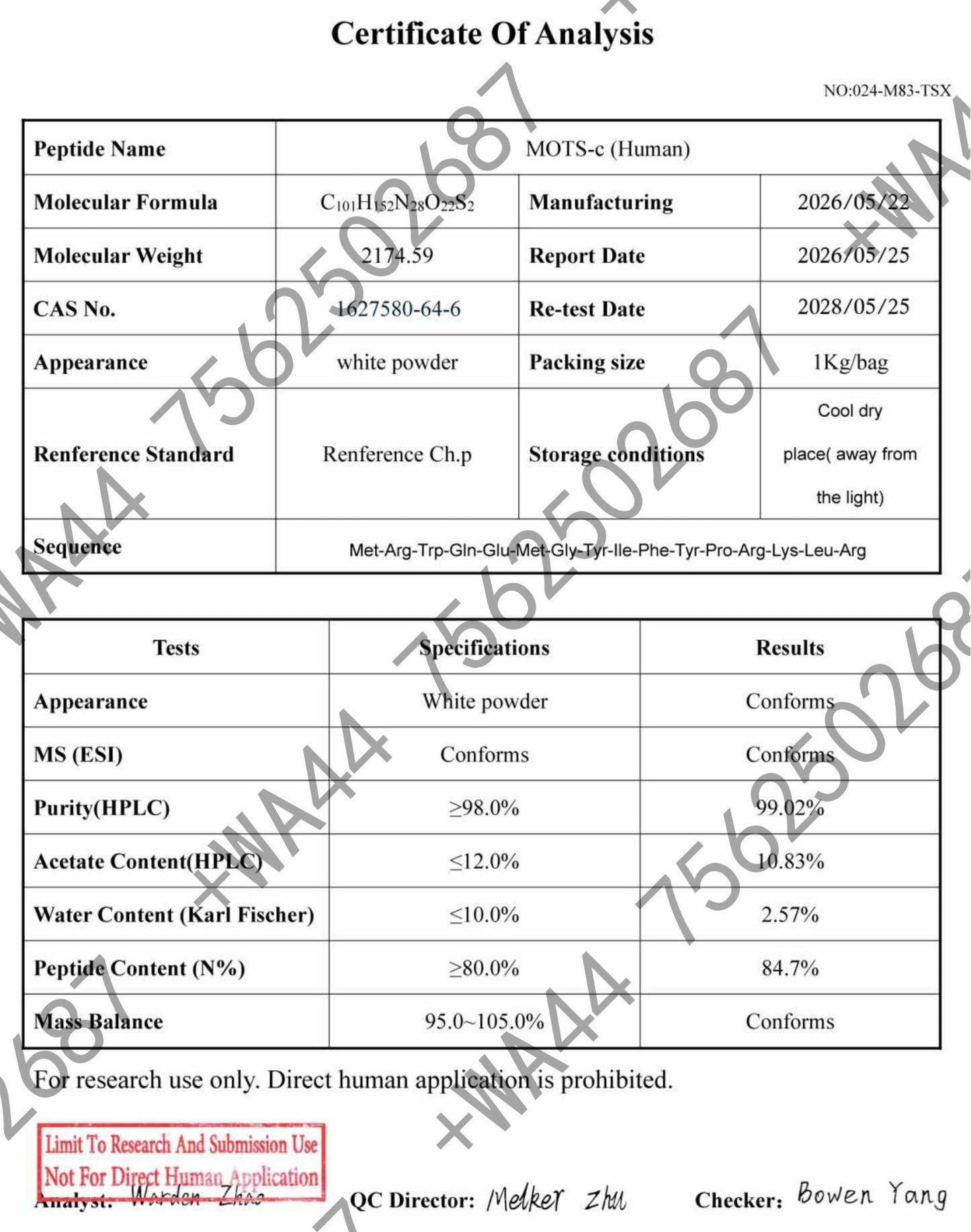 MOTS-c 10mg for Research ≥99% Purity with COA